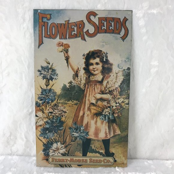 Vintage Other - Vintage Flower Seeds Metal Sign Girl Flower Basket Ferry Morse Seed Co. 1994